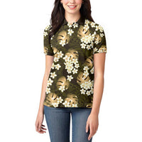Gold Tropical Hawaii Women Polo Shirt Seamless Monstera Plumeria Hawaiian Pattern - Polynesian Pride