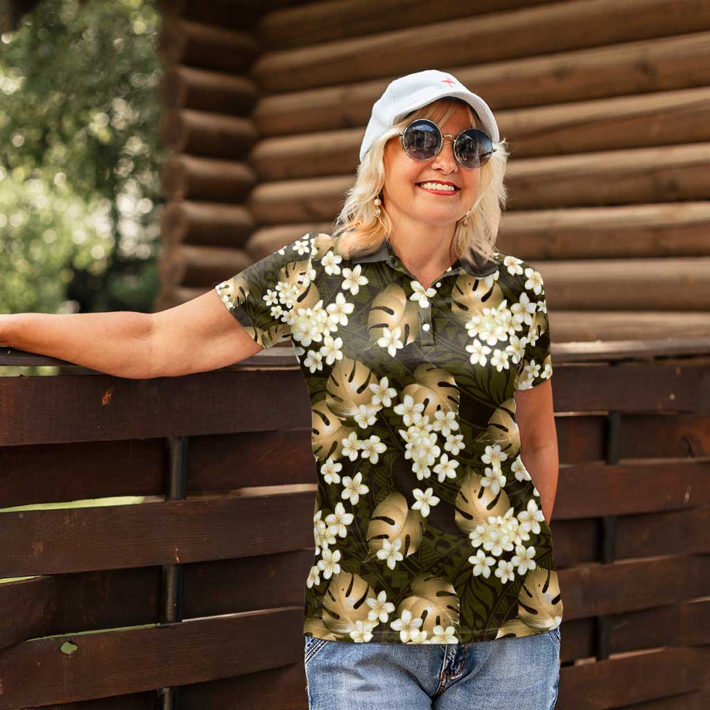 Gold Tropical Hawaii Women Polo Shirt Seamless Monstera Plumeria Hawaiian Pattern - Polynesian Pride
