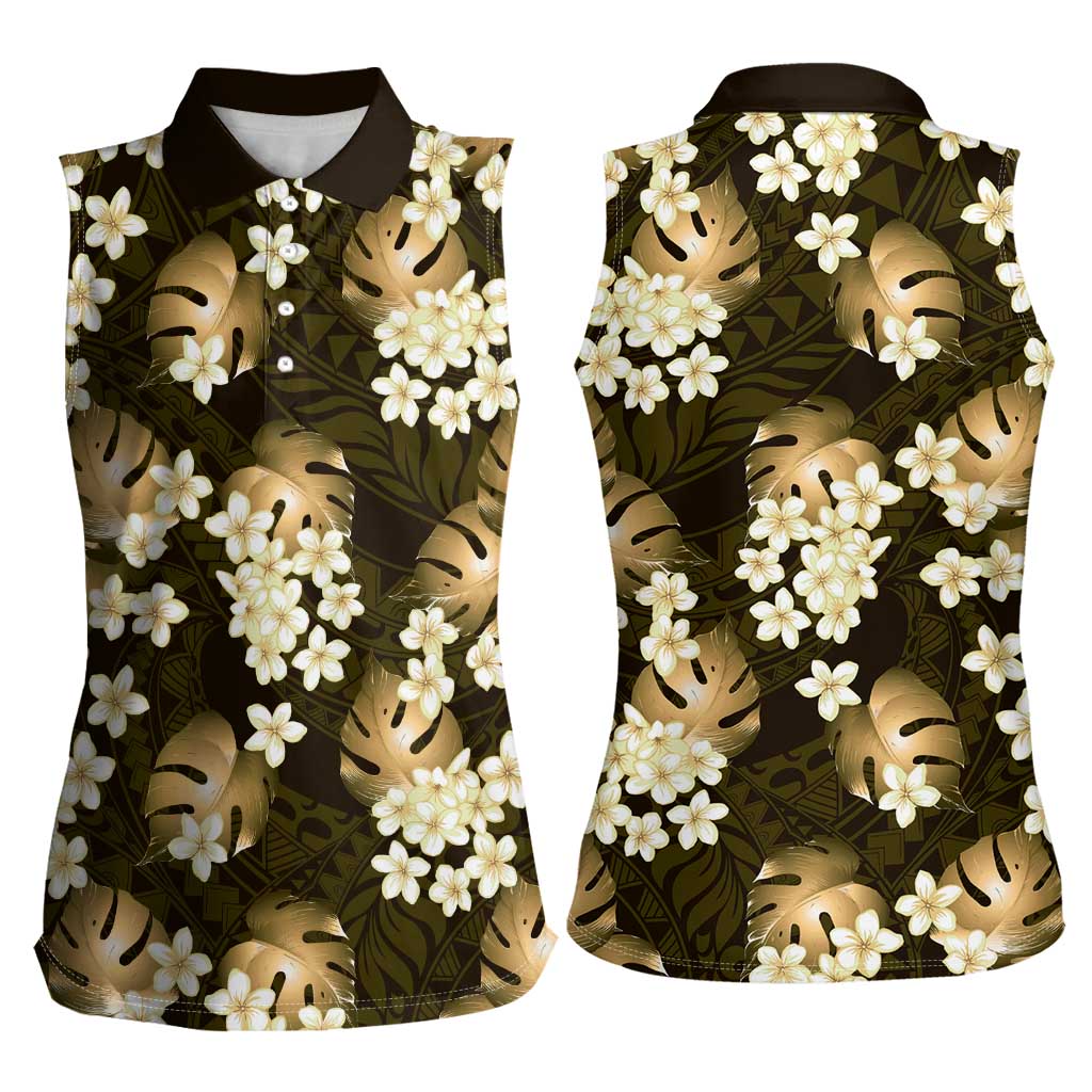 Gold Tropical Hawaii Women Sleeveless Polo Shirt Seamless Monstera Plumeria Hawaiian Pattern - Polynesian Pride