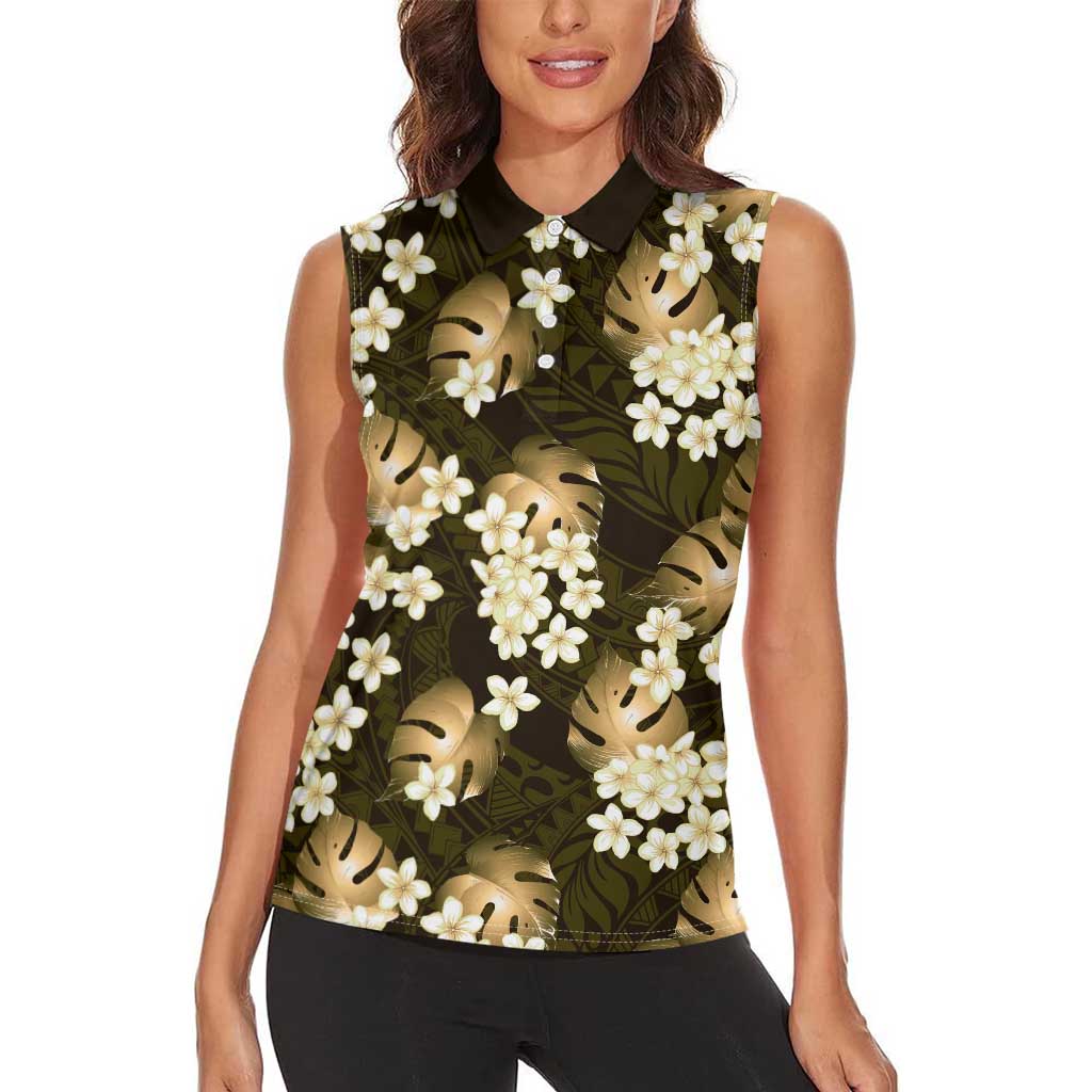 Gold Tropical Hawaii Women Sleeveless Polo Shirt Seamless Monstera Plumeria Hawaiian Pattern - Polynesian Pride