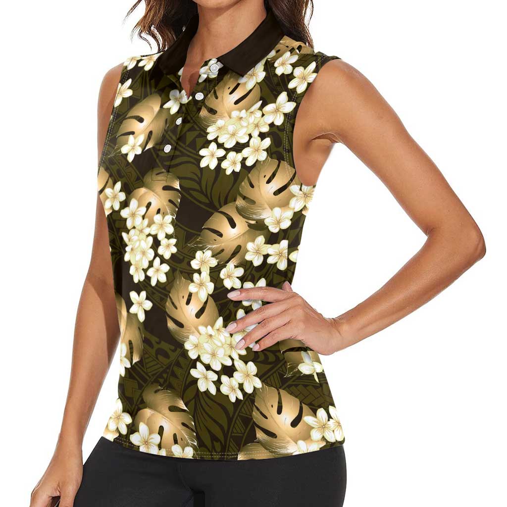 Gold Tropical Hawaii Women Sleeveless Polo Shirt Seamless Monstera Plumeria Hawaiian Pattern - Polynesian Pride
