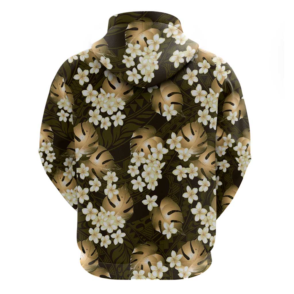 Gold Tropical Hawaii Zip Hoodie Seamless Monstera Plumeria Hawaiian Pattern - Polynesian Pride