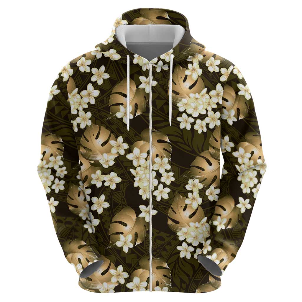 Gold Tropical Hawaii Zip Hoodie Seamless Monstera Plumeria Hawaiian Pattern - Polynesian Pride
