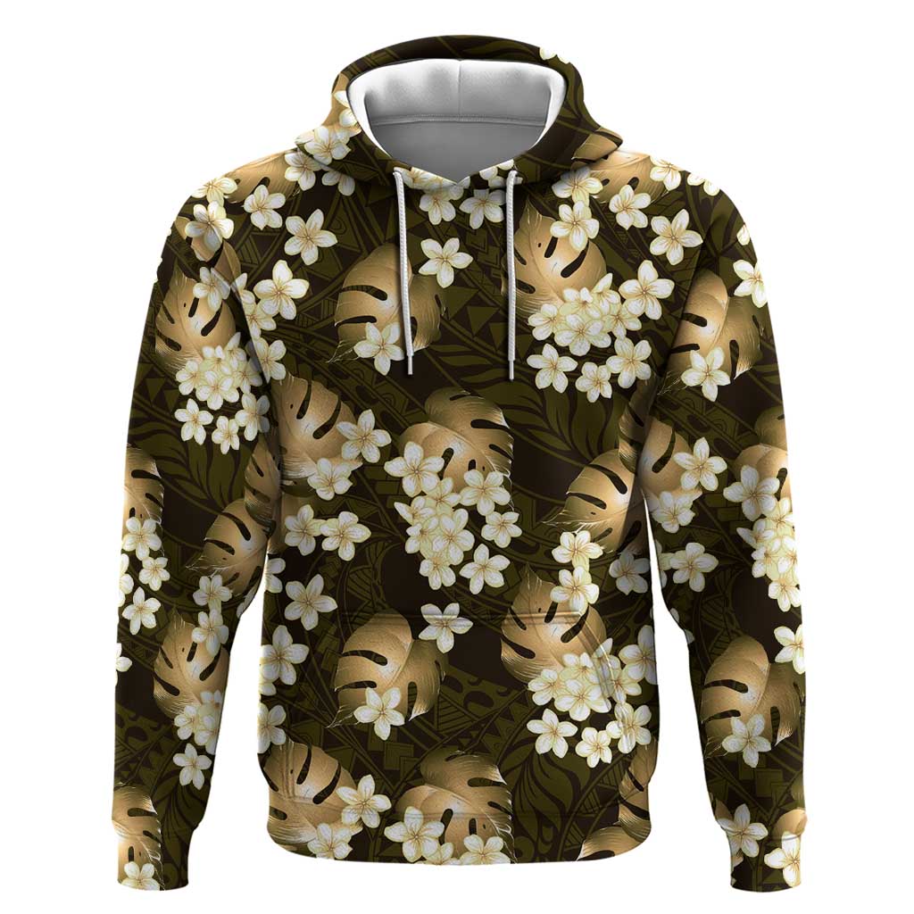 Gold Tropical Hawaii Zip Hoodie Seamless Monstera Plumeria Hawaiian Pattern - Polynesian Pride