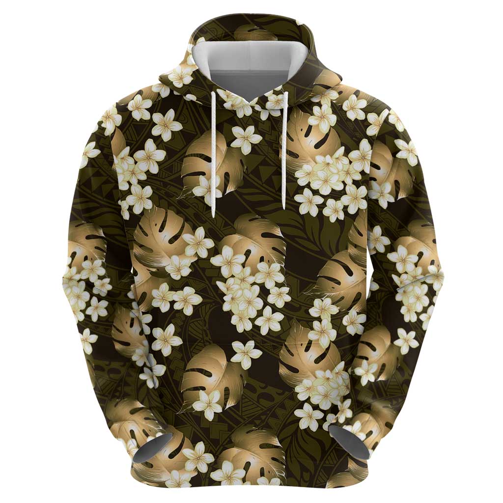 Gold Tropical Hawaii Zip Hoodie Seamless Monstera Plumeria Hawaiian Pattern - Polynesian Pride