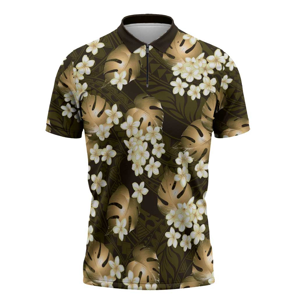 Gold Tropical Hawaii Zipper Polo Shirt Seamless Monstera Plumeria Hawaiian Pattern - Polynesian Pride