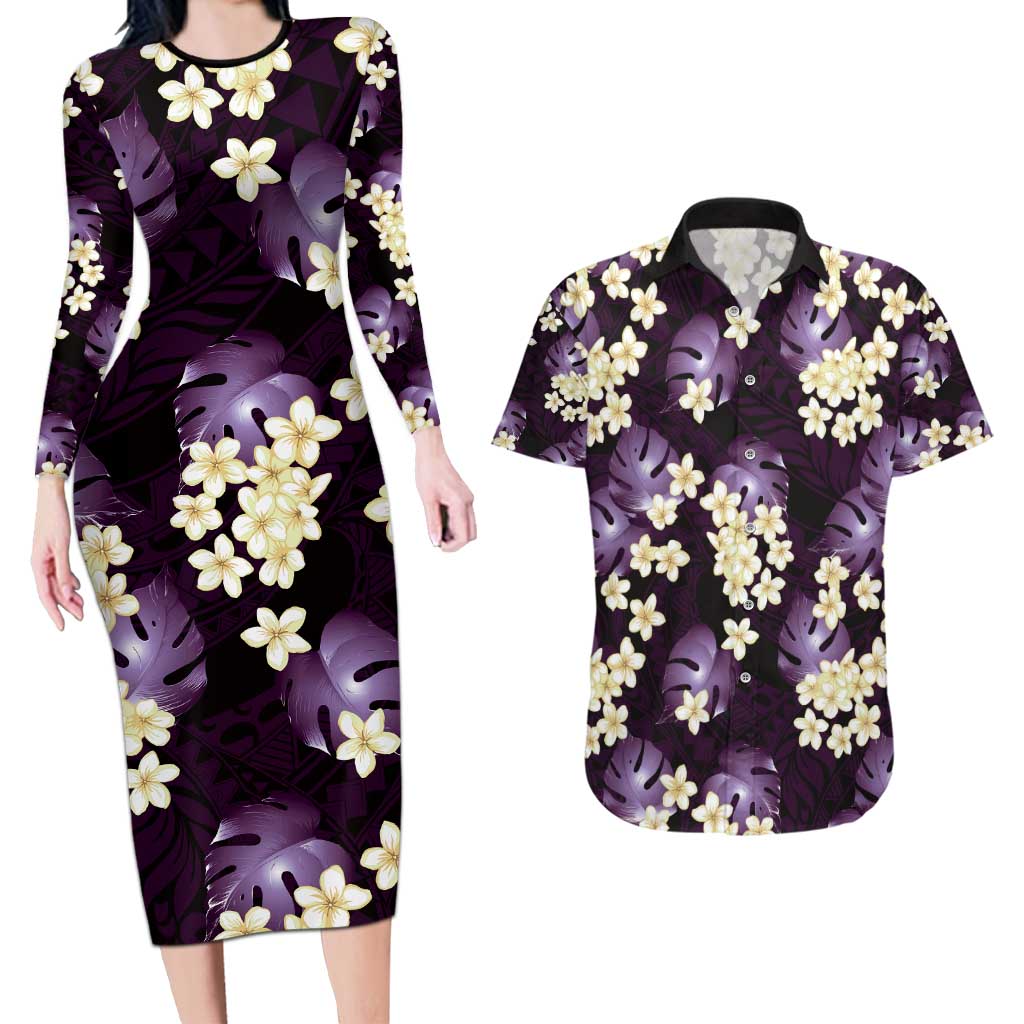 Purple Tropical Hawaii Couples Matching Long Sleeve Bodycon Dress and Hawaiian Shirt Seamless Monstera Plumeria Hawaiian Pattern - Polynesian Pride