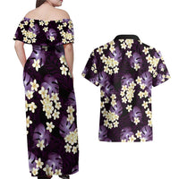Purple Tropical Hawaii Couples Matching Off Shoulder Maxi Dress and Hawaiian Shirt Seamless Monstera Plumeria Hawaiian Pattern - Polynesian Pride