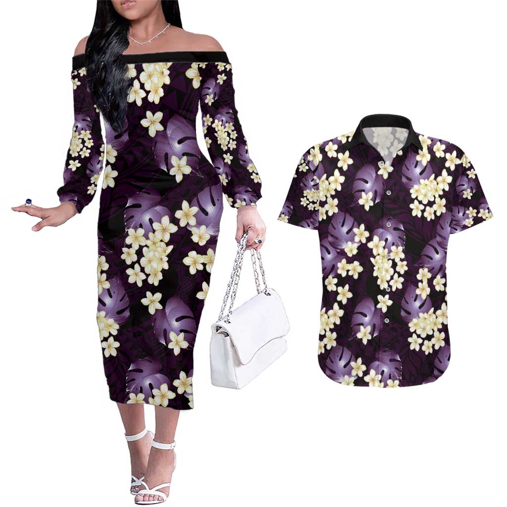 Purple Tropical Hawaii Couples Matching Off The Shoulder Long Sleeve Dress and Hawaiian Shirt Seamless Monstera Plumeria Hawaiian Pattern - Polynesian Pride