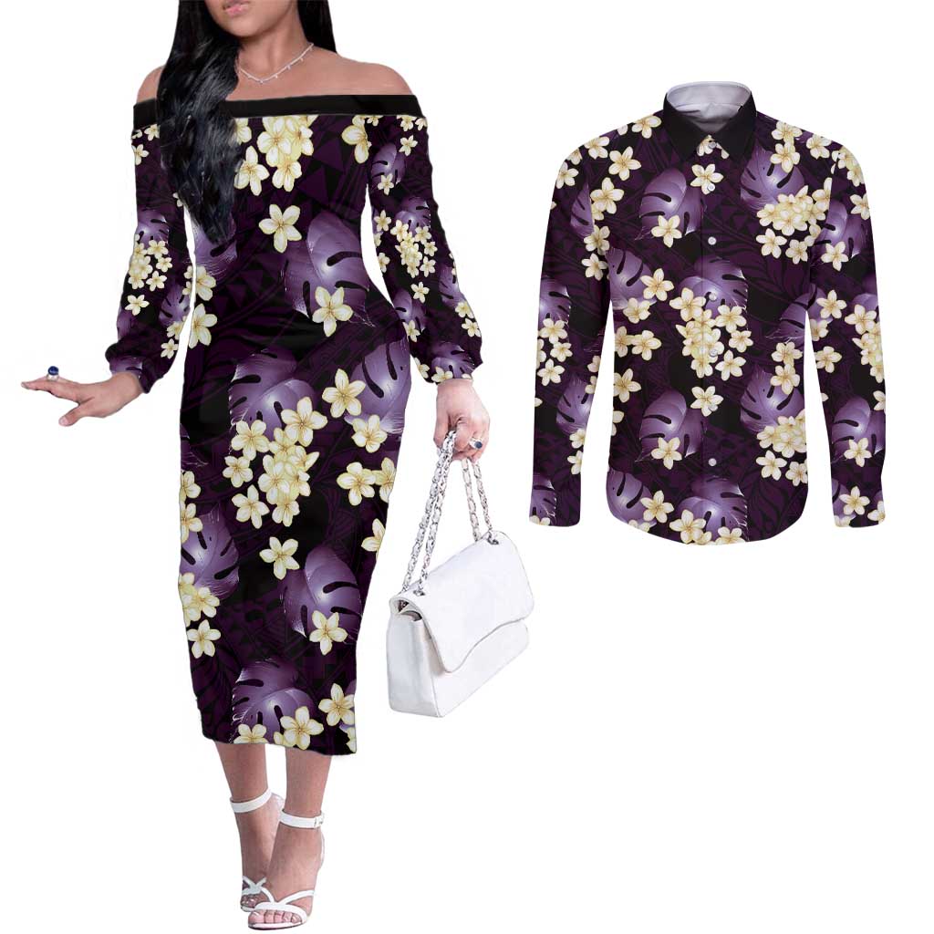 Purple Tropical Hawaii Couples Matching Off The Shoulder Long Sleeve Dress and Long Sleeve Button Shirt Seamless Monstera Plumeria Hawaiian Pattern - Polynesian Pride