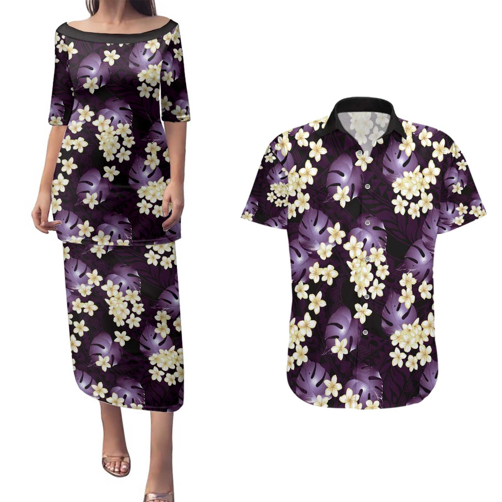 Purple Tropical Hawaii Couples Matching Puletasi and Hawaiian Shirt Seamless Monstera Plumeria Hawaiian Pattern LT14 Purple - Polynesian Pride