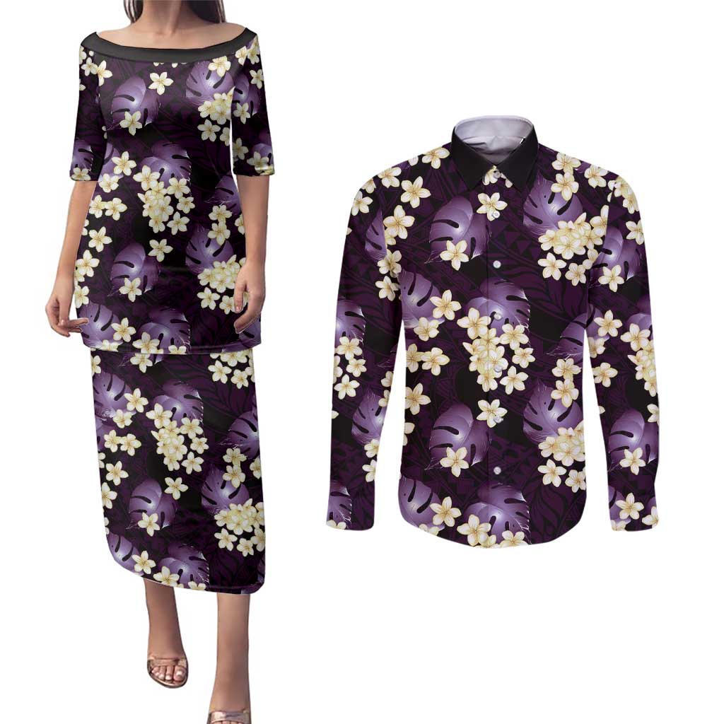 Purple Tropical Hawaii Couples Matching Puletasi and Long Sleeve Button Shirt Seamless Monstera Plumeria Hawaiian Pattern - Polynesian Pride