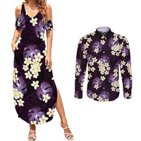 Purple Tropical Hawaii Couples Matching Summer Maxi Dress and Long Sleeve Button Shirt Seamless Monstera Plumeria Hawaiian Pattern - Polynesian Pride