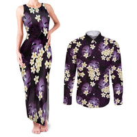 Purple Tropical Hawaii Couples Matching Tank Maxi Dress and Long Sleeve Button Shirt Seamless Monstera Plumeria Hawaiian Pattern - Polynesian Pride