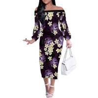 Purple Tropical Hawaii Family Matching Off The Shoulder Long Sleeve Dress and Hawaiian Shirt Seamless Monstera Plumeria Hawaiian Pattern - Polynesian Pride