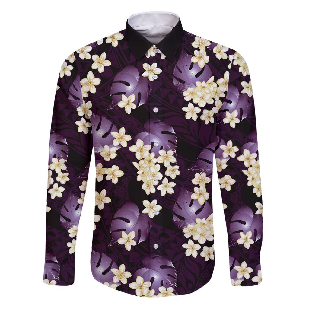 Purple Tropical Hawaii Family Matching Puletasi and Hawaiian Shirt Seamless Monstera Plumeria Hawaiian Pattern LT14 Dad's Shirt - Long Sleeve Purple - Polynesian Pride