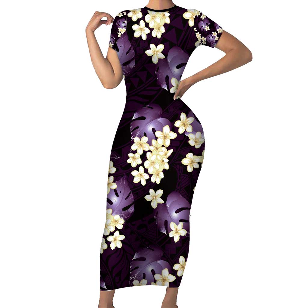 Purple Tropical Hawaii Family Matching Short Sleeve Bodycon Dress and Hawaiian Shirt Seamless Monstera Plumeria Hawaiian Pattern LT14 Mom's Dress Purple - Polynesian Pride