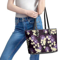 Purple Tropical Hawaii Leather Tote Bag Seamless Monstera Plumeria Hawaiian Pattern - Polynesian Pride