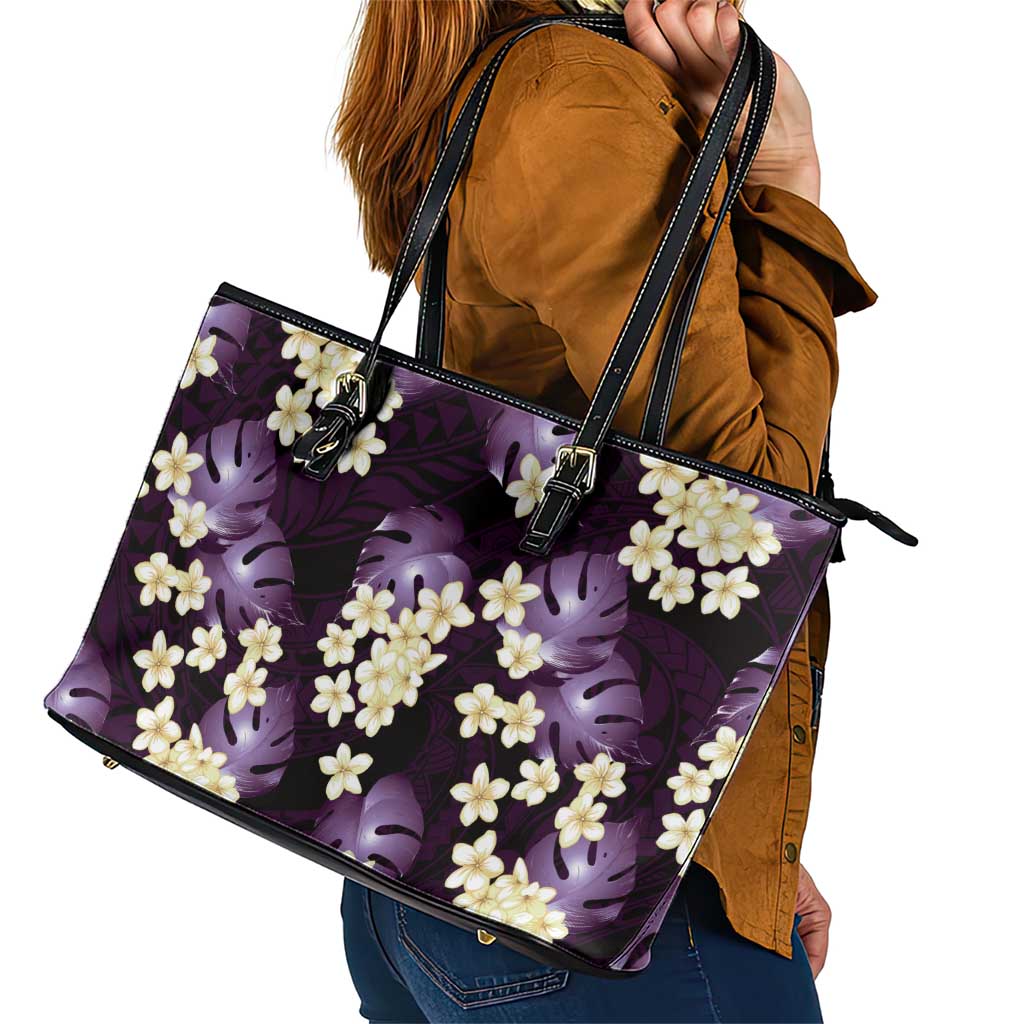 Purple Tropical Hawaii Leather Tote Bag Seamless Monstera Plumeria Hawaiian Pattern - Polynesian Pride