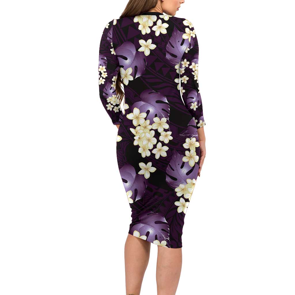 Purple Tropical Hawaii Long Sleeve Bodycon Dress Seamless Monstera Plumeria Hawaiian Pattern - Polynesian Pride