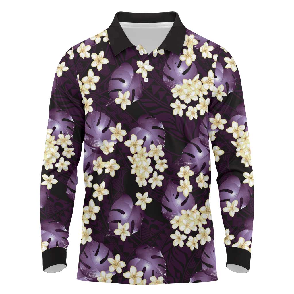 Purple Tropical Hawaii Long Sleeve Polo Shirt Seamless Monstera Plumeria Hawaiian Pattern - Polynesian Pride