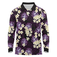 Purple Tropical Hawaii Long Sleeve Polo Shirt Seamless Monstera Plumeria Hawaiian Pattern - Polynesian Pride