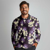 Purple Tropical Hawaii Long Sleeve Polo Shirt Seamless Monstera Plumeria Hawaiian Pattern - Polynesian Pride