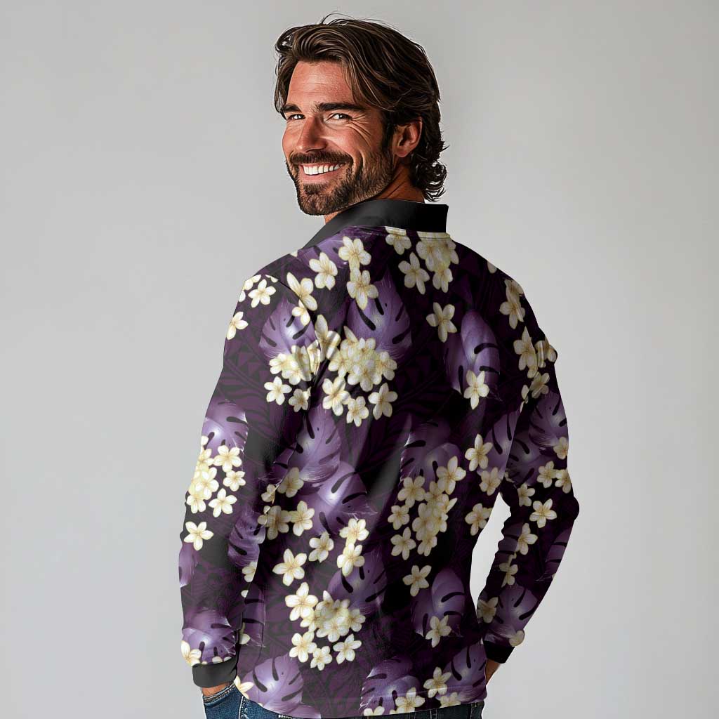 Purple Tropical Hawaii Long Sleeve Polo Shirt Seamless Monstera Plumeria Hawaiian Pattern - Polynesian Pride