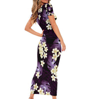 Purple Tropical Hawaii Short Sleeve Bodycon Dress Seamless Monstera Plumeria Hawaiian Pattern - Polynesian Pride