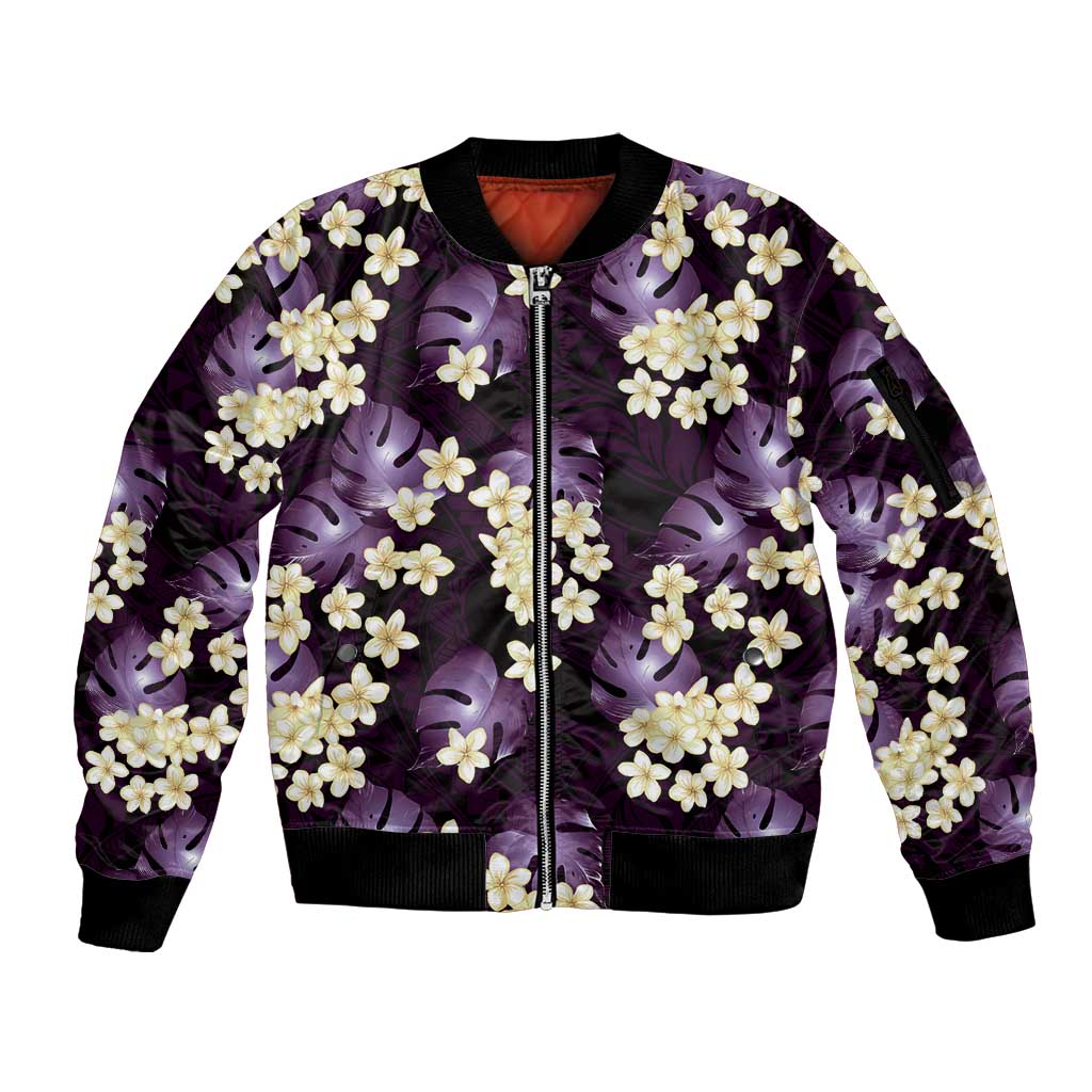 Purple Tropical Hawaii Sleeve Zip Bomber Jacket Seamless Monstera Plumeria Hawaiian Pattern LT14 Unisex Purple - Polynesian Pride