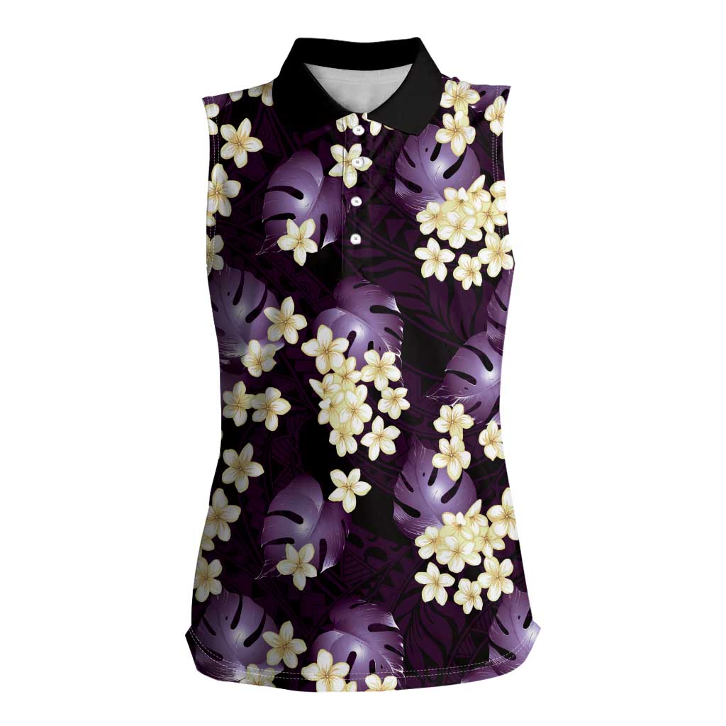 Purple Tropical Hawaii Women Sleeveless Polo Shirt Seamless Monstera Plumeria Hawaiian Pattern - Polynesian Pride
