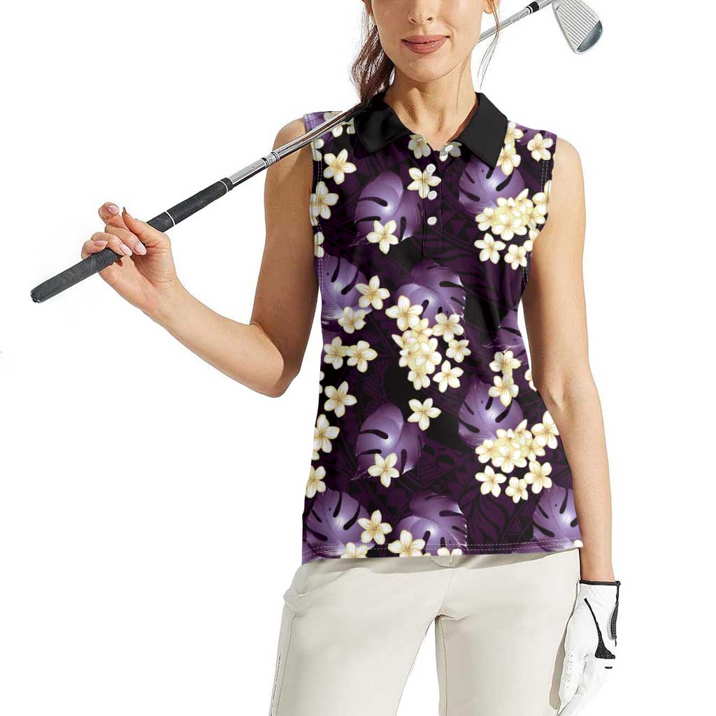 Purple Tropical Hawaii Women Sleeveless Polo Shirt Seamless Monstera Plumeria Hawaiian Pattern - Polynesian Pride