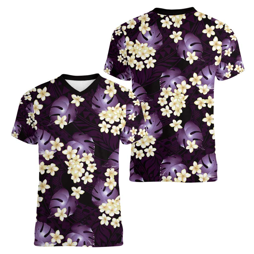 Purple Tropical Hawaii Women V-Neck T-Shirt Seamless Monstera Plumeria Hawaiian Pattern - Polynesian Pride