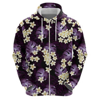 Purple Tropical Hawaii Zip Hoodie Seamless Monstera Plumeria Hawaiian Pattern - Polynesian Pride