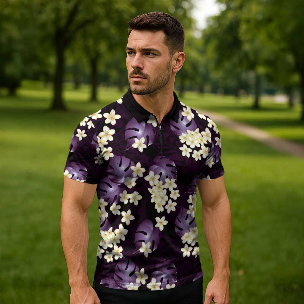 Purple Tropical Hawaii Zipper Polo Shirt Seamless Monstera Plumeria Hawaiian Pattern - Polynesian Pride