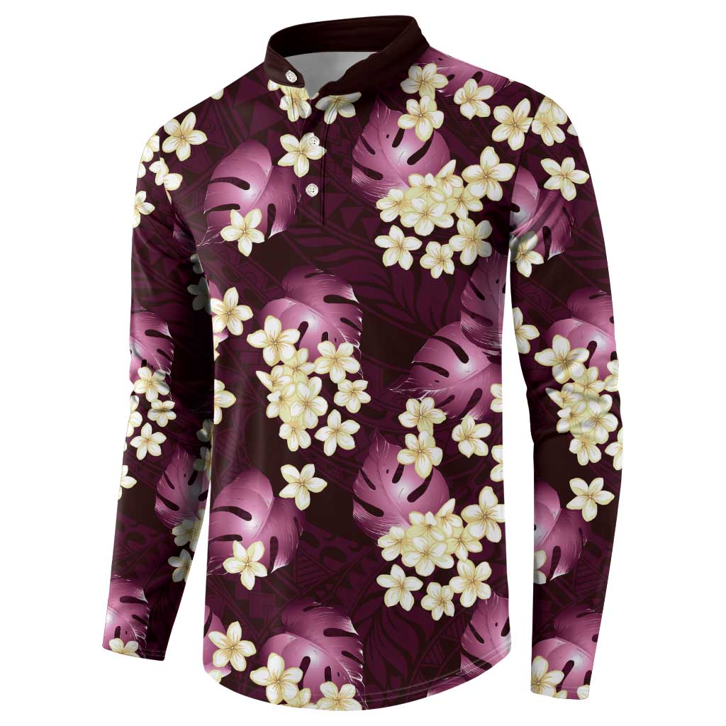 Pink Tropical Hawaii Button Sweatshirt Seamless Monstera Plumeria Hawaiian Pattern - Polynesian Pride