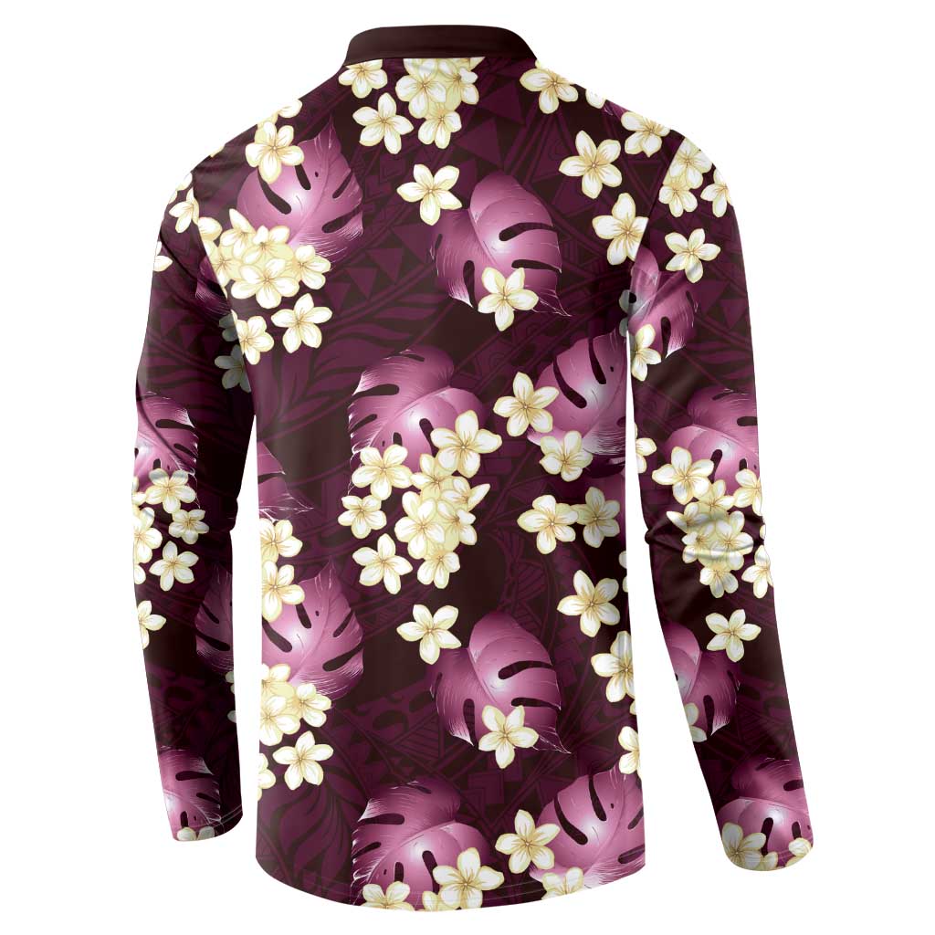 Pink Tropical Hawaii Button Sweatshirt Seamless Monstera Plumeria Hawaiian Pattern - Polynesian Pride