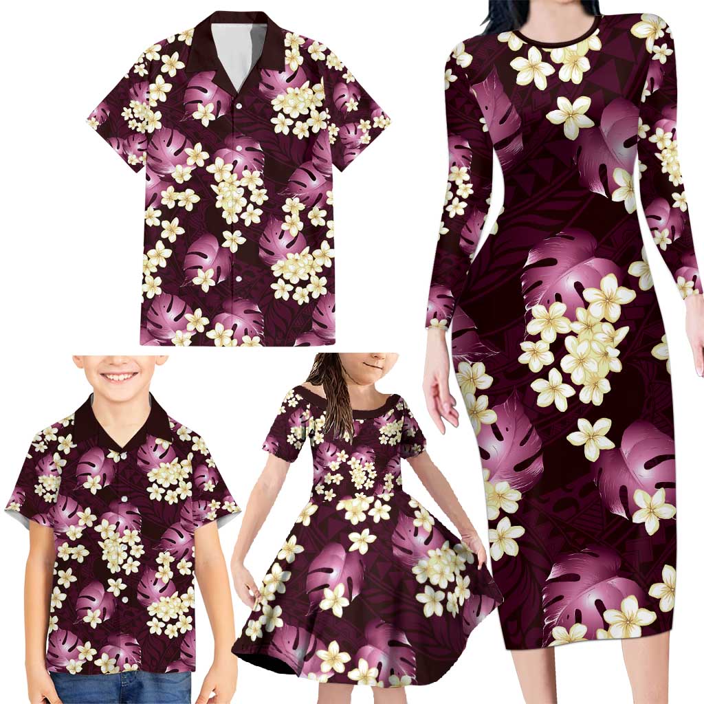 Pink Tropical Hawaii Family Matching Long Sleeve Bodycon Dress and Hawaiian Shirt Seamless Monstera Plumeria Hawaiian Pattern LT14 - Polynesian Pride