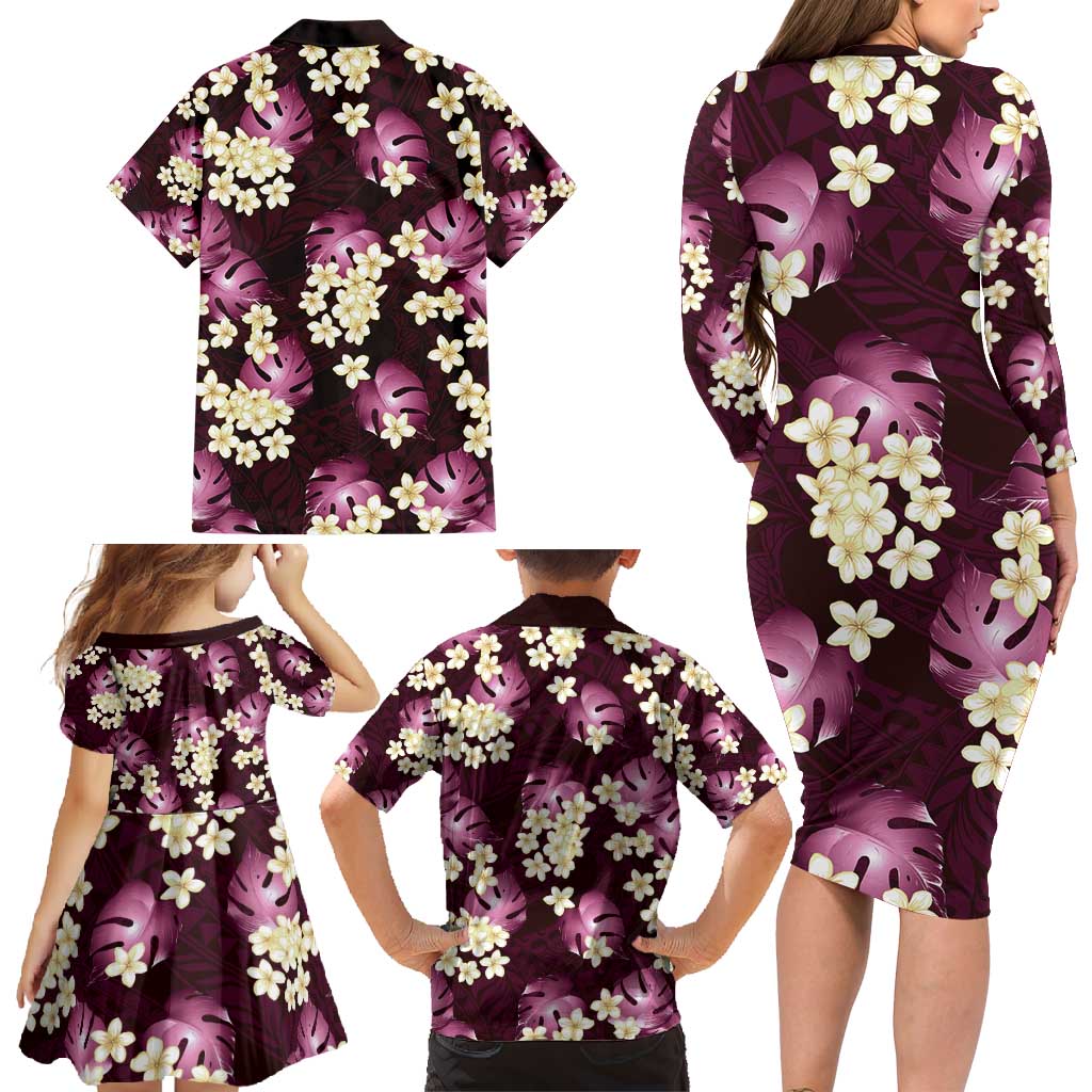 Pink Tropical Hawaii Family Matching Long Sleeve Bodycon Dress and Hawaiian Shirt Seamless Monstera Plumeria Hawaiian Pattern LT14 - Polynesian Pride