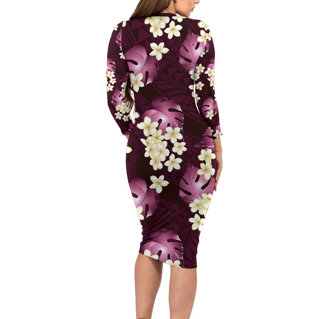 Pink Tropical Hawaii Family Matching Long Sleeve Bodycon Dress and Hawaiian Shirt Seamless Monstera Plumeria Hawaiian Pattern LT14 - Polynesian Pride
