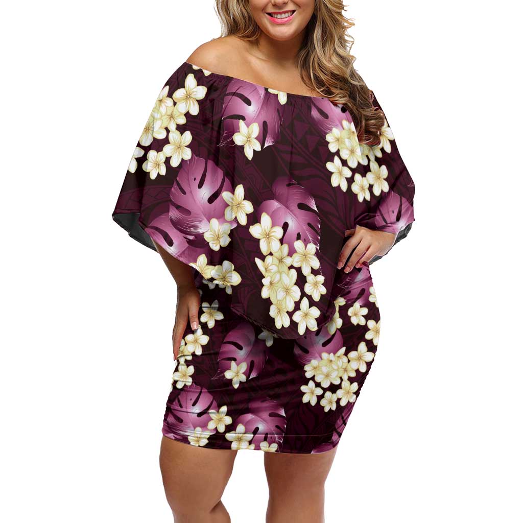 Pink Tropical Hawaii Family Matching Off Shoulder Short Dress and Hawaiian Shirt Seamless Monstera Plumeria Hawaiian Pattern LT14 Mom's Dress Pink - Polynesian Pride