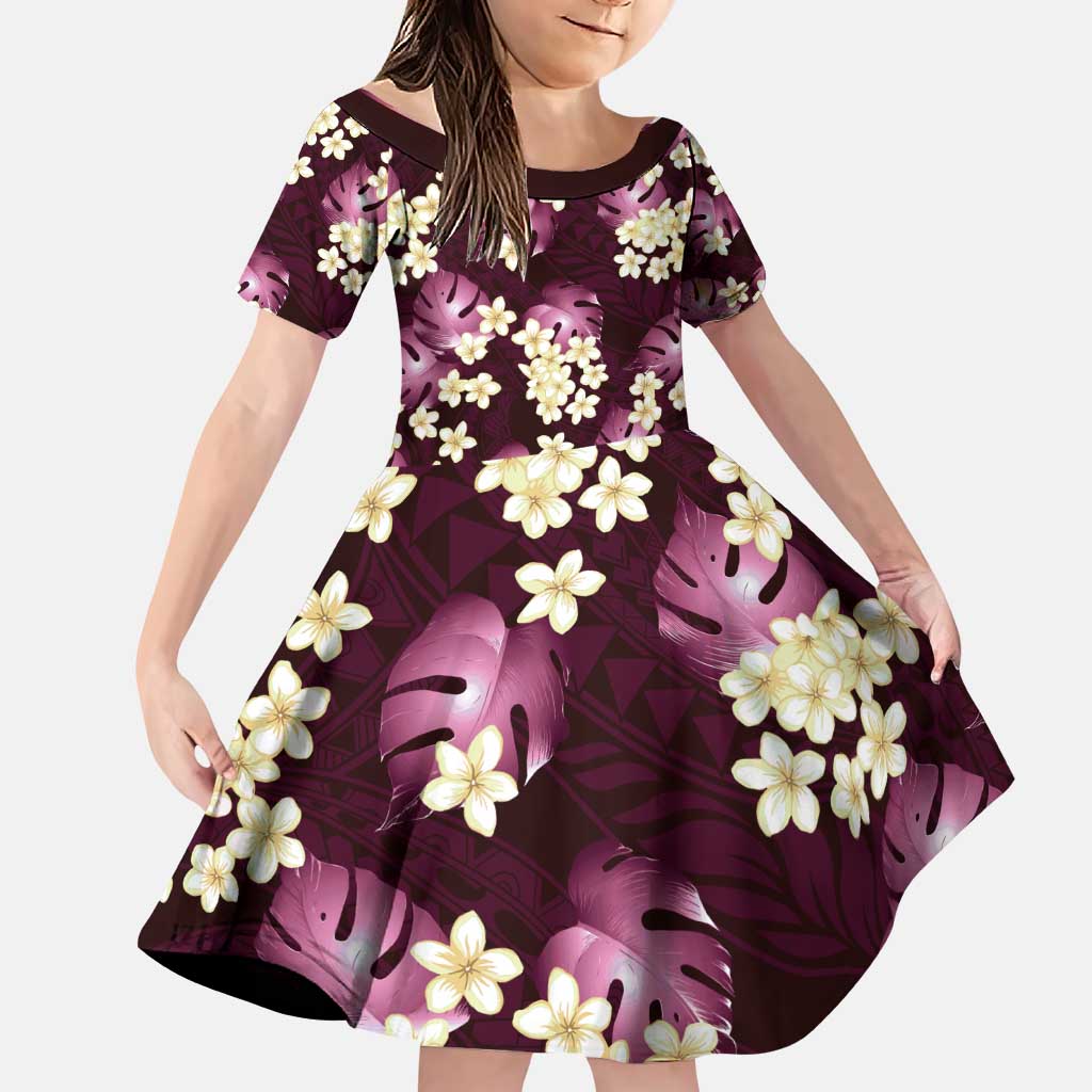 Pink Tropical Hawaii Family Matching Puletasi and Hawaiian Shirt Seamless Monstera Plumeria Hawaiian Pattern LT14 Daughter's Dress Pink - Polynesian Pride