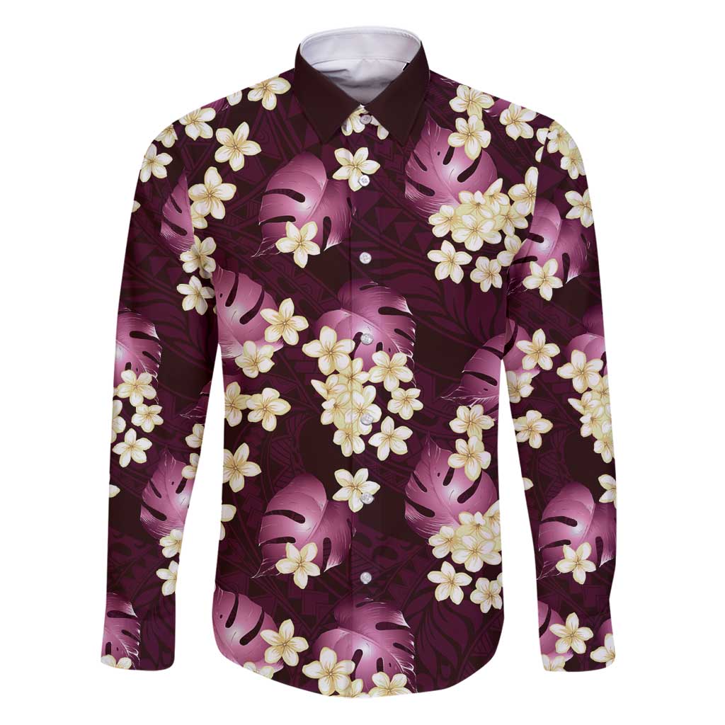 Pink Tropical Hawaii Family Matching Puletasi and Hawaiian Shirt Seamless Monstera Plumeria Hawaiian Pattern LT14 Dad's Shirt - Long Sleeve Pink - Polynesian Pride