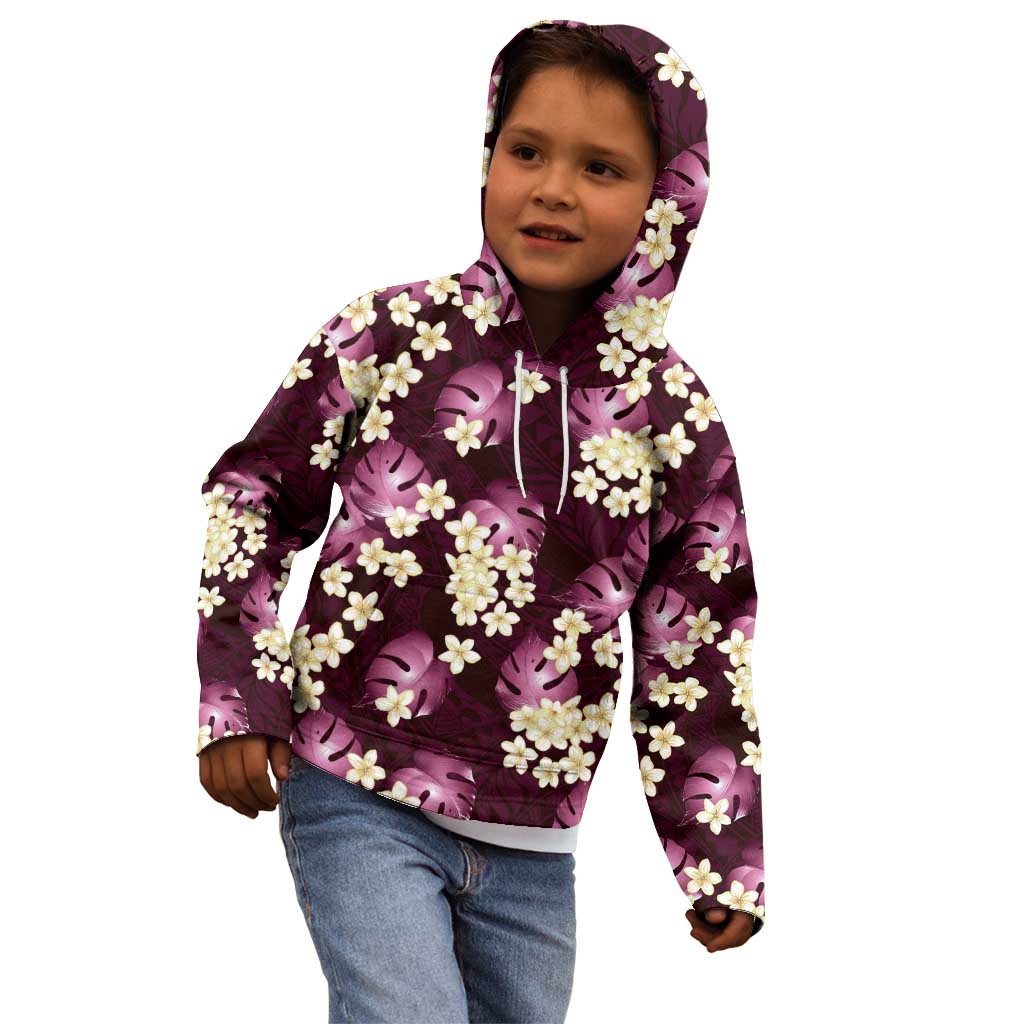 Pink Tropical Hawaii Kid Hoodie Seamless Monstera Plumeria Hawaiian Pattern - Polynesian Pride