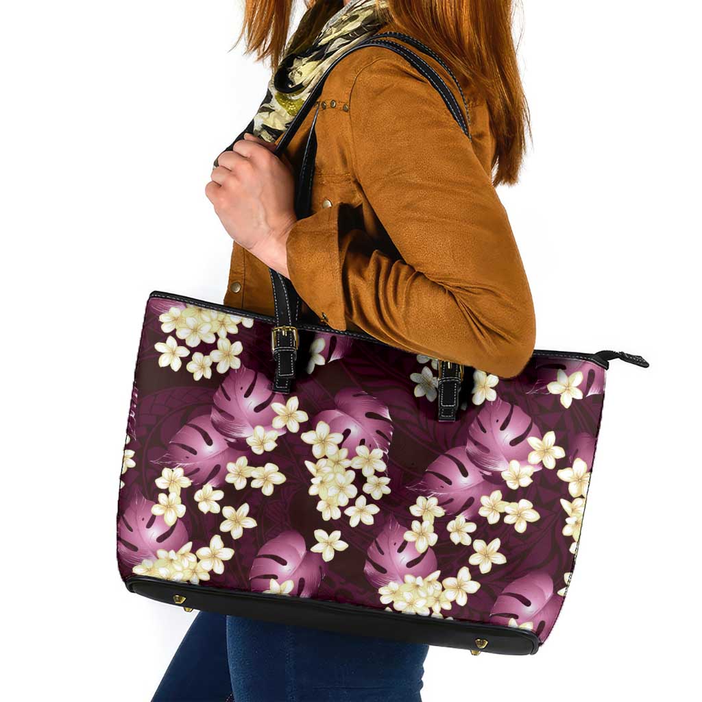 Pink Tropical Hawaii Leather Tote Bag Seamless Monstera Plumeria Hawaiian Pattern - Polynesian Pride