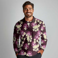 Pink Tropical Hawaii Long Sleeve Polo Shirt Seamless Monstera Plumeria Hawaiian Pattern - Polynesian Pride