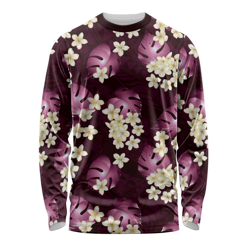 Pink Tropical Hawaii Long Sleeve Shirt Seamless Monstera Plumeria Hawaiian Pattern - Polynesian Pride