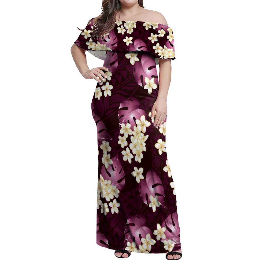 Pink Tropical Hawaii Off Shoulder Maxi Dress Seamless Monstera Plumeria Hawaiian Pattern LT14 Women Pink - Polynesian Pride