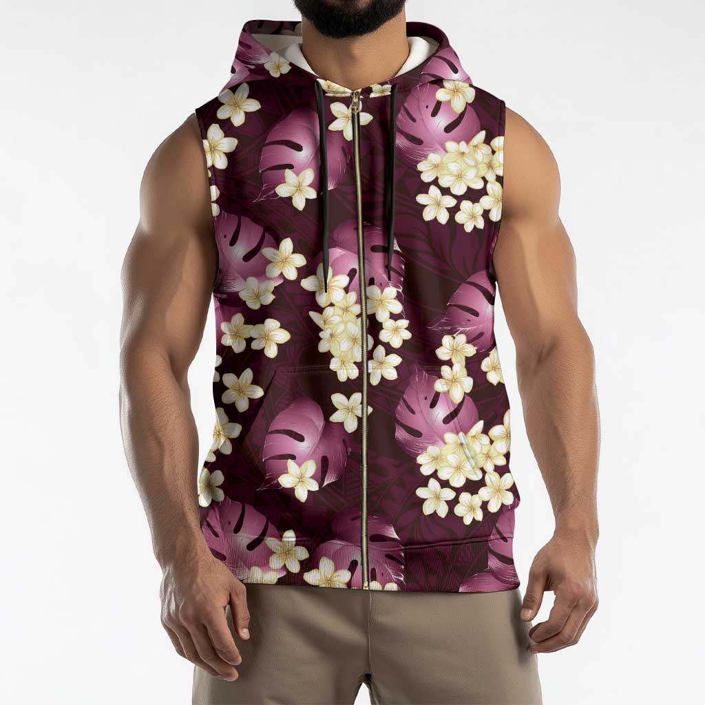 Pink Tropical Hawaii Sleeveless Zip Hoodie Seamless Monstera Plumeria Hawaiian Pattern - Polynesian Pride