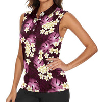 Pink Tropical Hawaii Women Sleeveless Polo Shirt Seamless Monstera Plumeria Hawaiian Pattern - Polynesian Pride